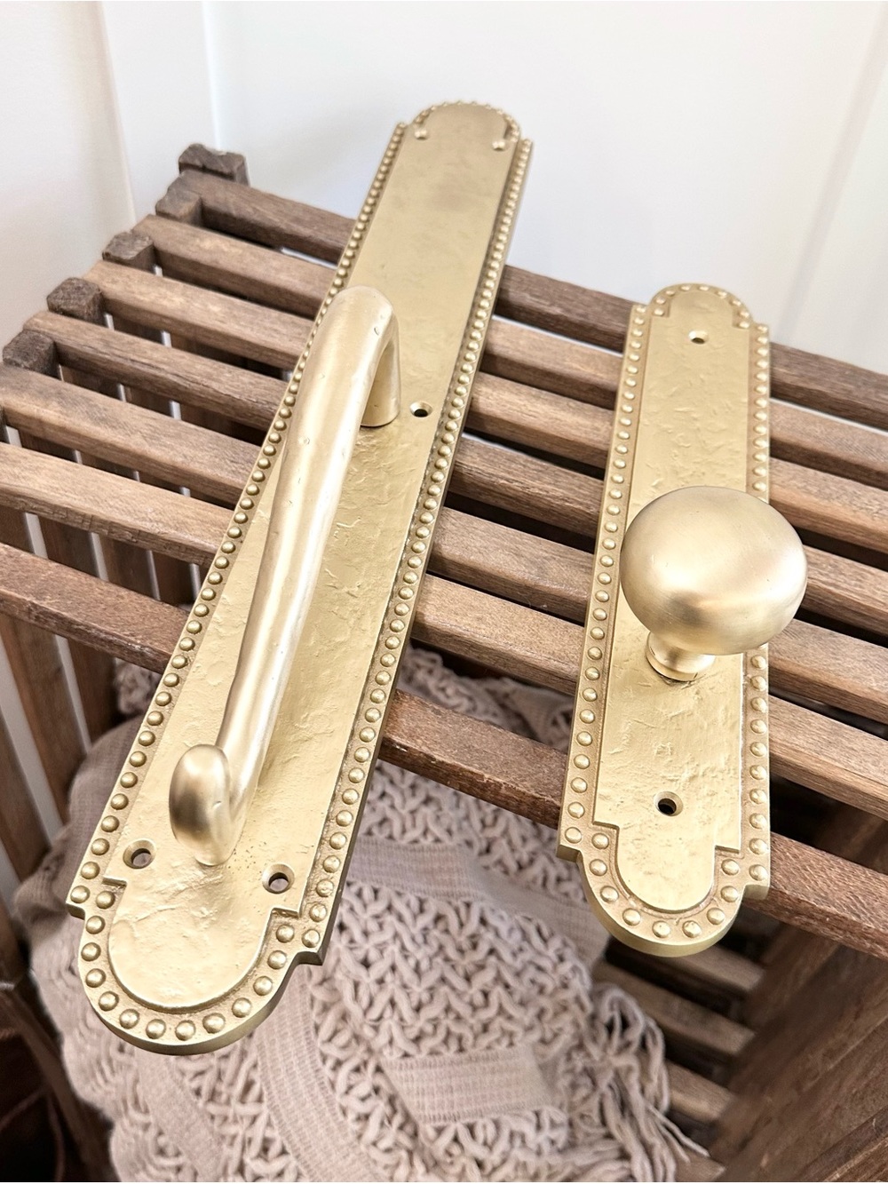Marconi Satin Brass Beaded Edge Dummy Entrance Door Handle Set knob & Handle Big